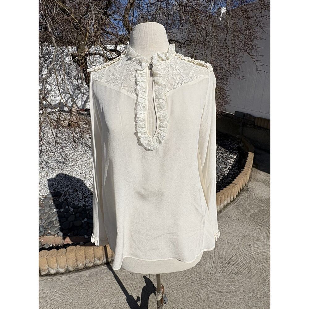Pinko White 100% Silk Crepe de Chine Ruffle, Lace Size USA-4 Blouse
